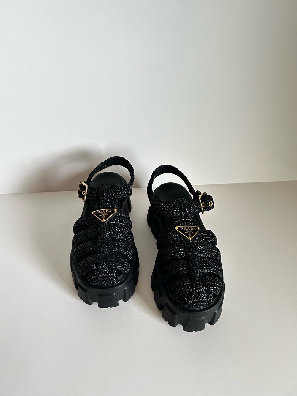 Prada Kids Black Braided Chunky Sandals with Gold Logo